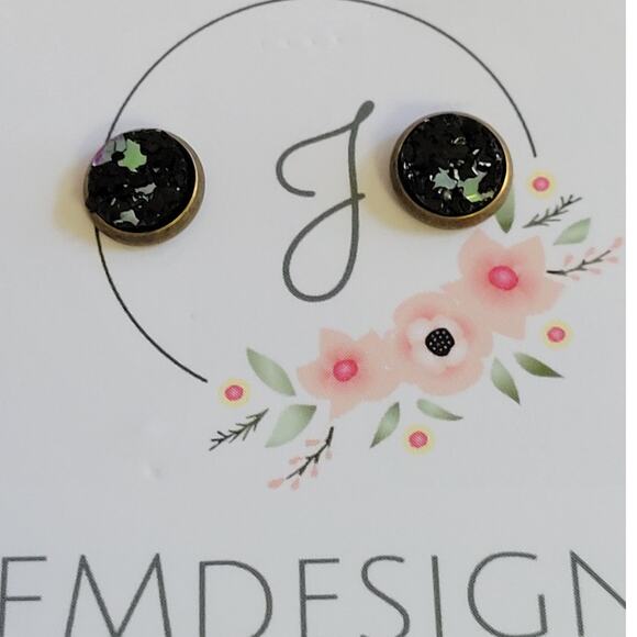 Black Iridescent Glitter Round Stud Earrings - Picture 1 of 2